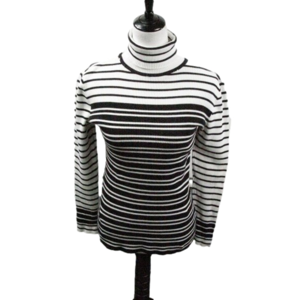 Style & Co. Black/White Striped Ribbed Turtle Neck Size Small